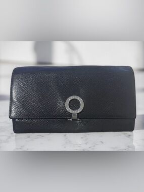 Bvlgari black grain calf leather Blue Interior silver-tone logo clip closure 8"